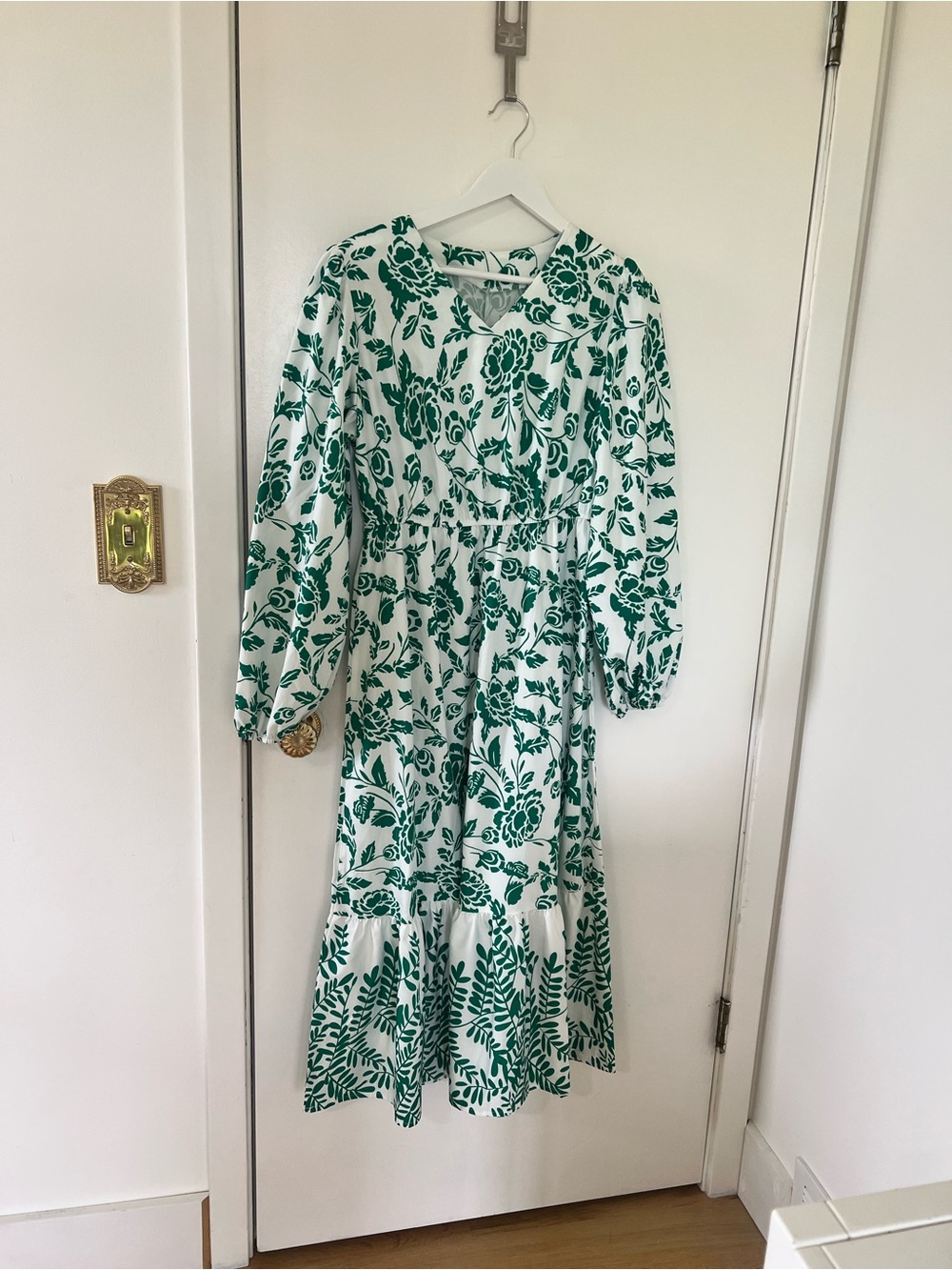 White Maxi Dress with Green Floral Print